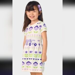 Girls Short Sleeve Intarsia Floral Fairisle Knit Sweater Dress - Lovely Lavender